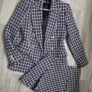 Zara Navy, White & Burgundy Tweed Double-Breasted Blazer and Skirt Set